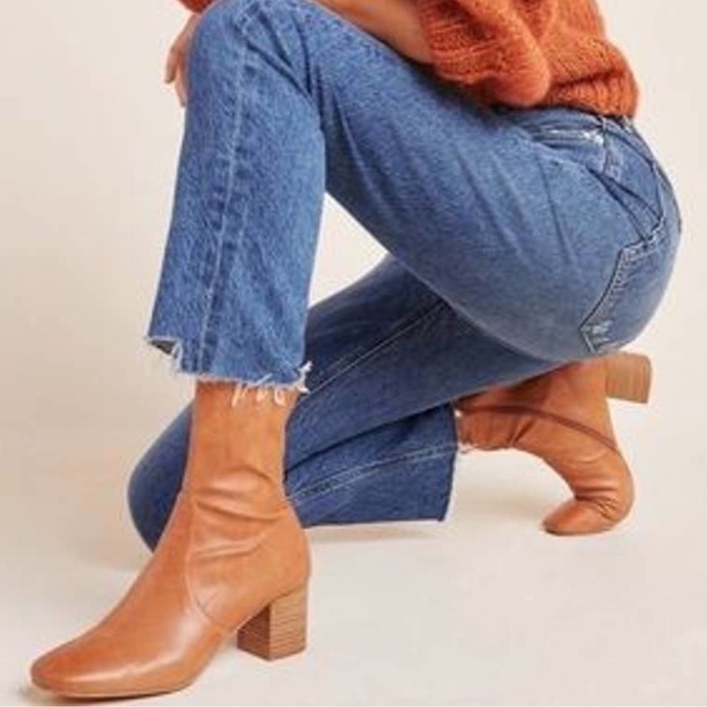 Anthropologie Tan Leather Block Heel Ankle Boots